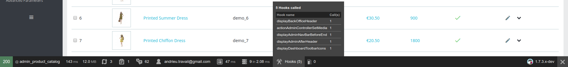 PrestaShop Hooks Debugger section