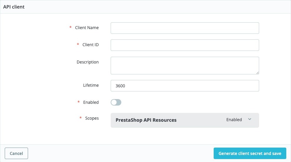 PrestaShop 9 Form for adding a new API client