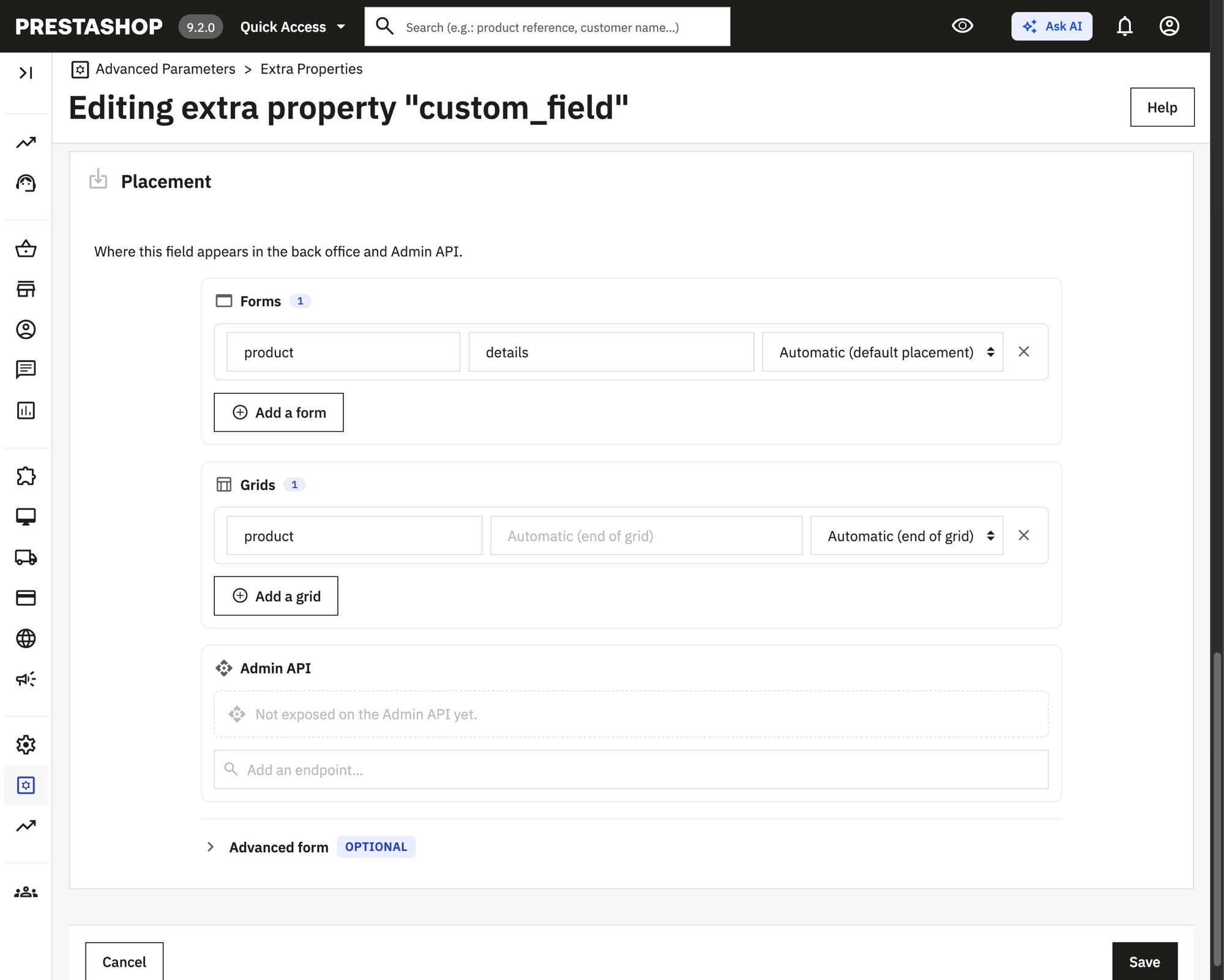 Defining where an extra property appears: back office forms, grids, and the Admin API